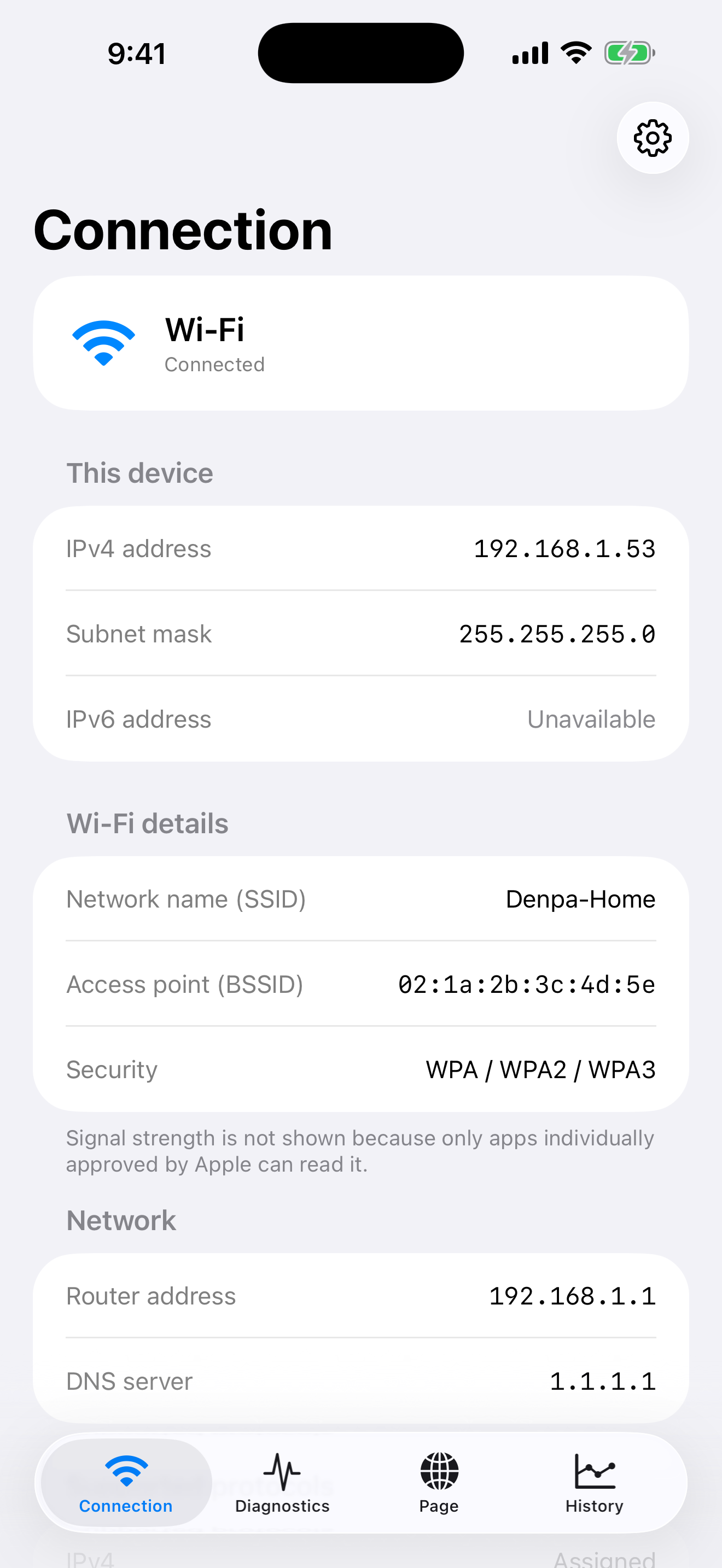 The Connection screen, showing the Wi-Fi network name (SSID) and the security type