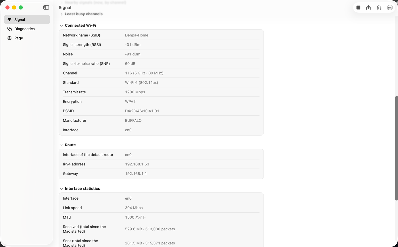 The Connected Wi-Fi, Route, and Interface statistics sections. They list the SSID and signal strength, the addresses of the default route, and the link speed and total traffic.