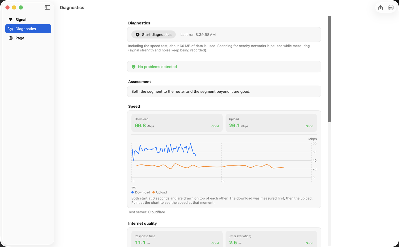 The Diagnostics screen, showing the result and the assessment, the speed, and the Internet quality