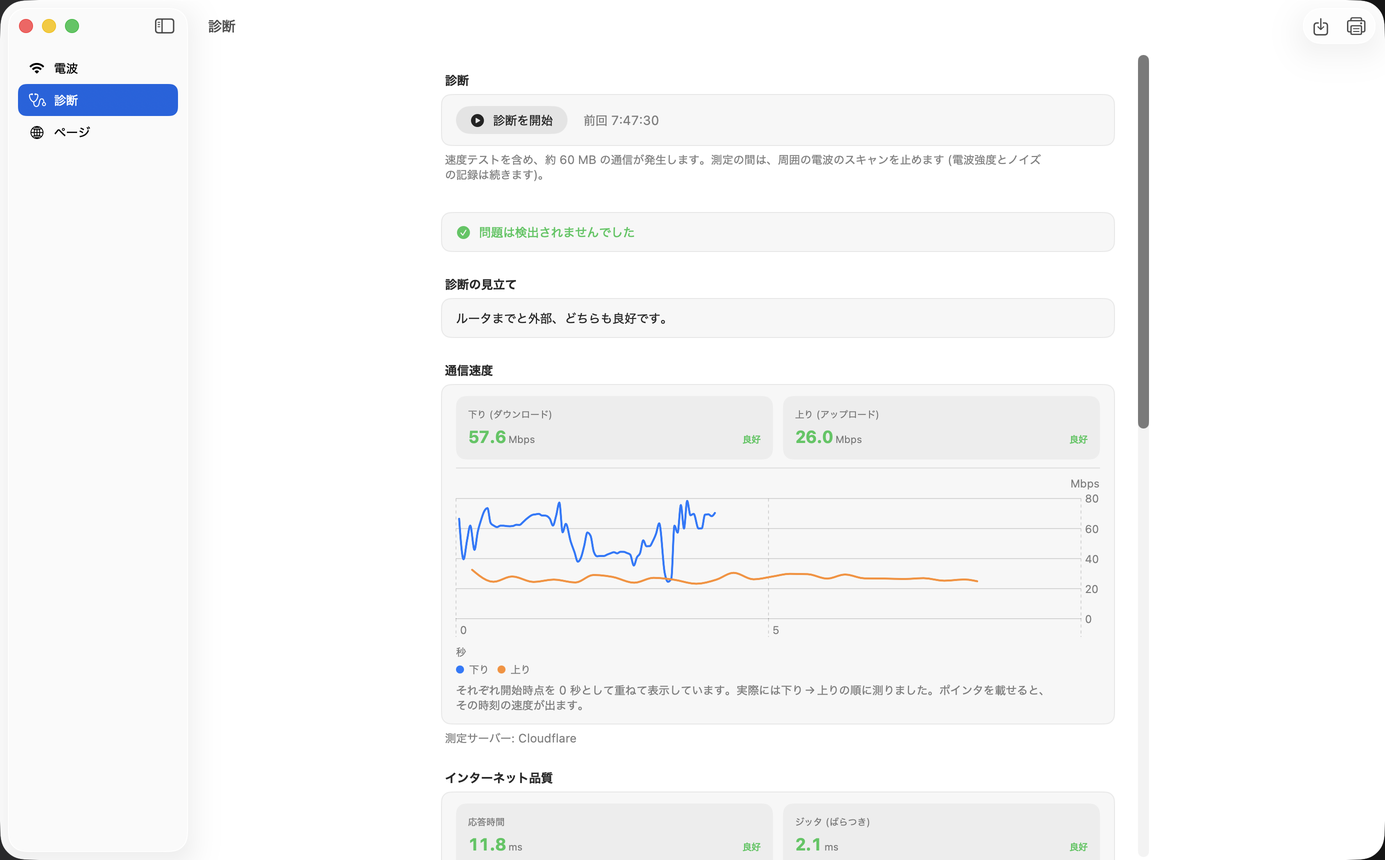 診断の画面。判定と見立て、通信速度、インターネット品質が表示されている